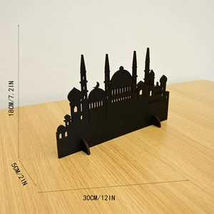 Detail view of black mosque silhouette wooden ornament with 30cm length size markings