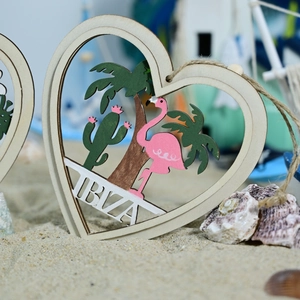 Tropical IBIZA heart wooden wall hanging with flamingo and palm tree beach decor