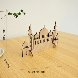 Detailed size view of mosque-shaped wooden laser-cut ornament for Ramadan decor