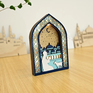 Eid Mubarak wooden LED lantern with layered mosque silhouette and warm lighting