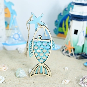 Mediterranean nautical fish wood plaque with blue starfish and rope for home decor