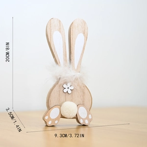 Detail of wooden Easter bunny decor featuring fuzzy tail and floral accent, 20cm height