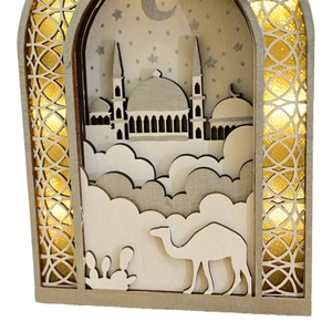 Eid wooden lantern decor with mosque silhouette and warm LED light for Ramadan home display