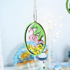 Detail of wooden flamingo wall hanging with tropical palm leaves and yellow flowers