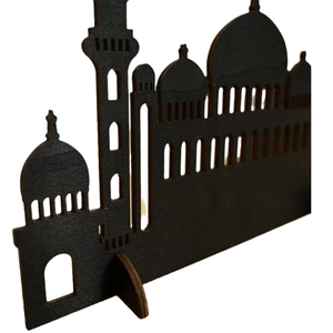 Wooden Eid Mubarak mosque silhouette table decoration with dome and minaret in black