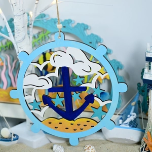 Detail of wooden ship wheel ornament with anchor and stars on nautical background
