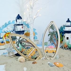 Mediterranean surfboard wooden wall decor featuring Ibiza camper van and palm trees on sand