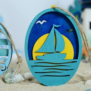 Mediterranean sailing boat wooden wall decor with multilayered ocean waves and sunset