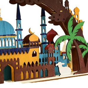 Artistic moon-shaped wooden LED lamp with laser-cut Islamic architecture for Eid decor