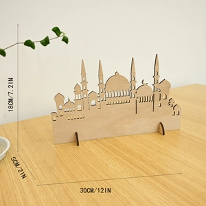 Detailed view of Eid wood ornaments with laser-cut mosque design and 30cm size markings