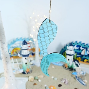 Nautical wooden mermaid tail hanging ornament with blue gradient and rope loop for home decor
