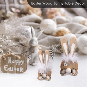 Easter Wood Bunny Table Decor with white flower accents and plush tail on a festive setting