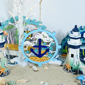 Nautical wooden ship wheel and anchor hanging decor with blue stars for home party decoration