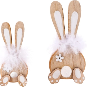 Handcrafted wooden bunny scene decoration set with natural wood grain and feather accents