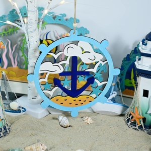 Detailed close-up of nautical wooden anchor decor with laser-cut steering wheel and rope
