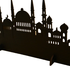 Islamic silhouette wooden ornament with mosque design and stable base for desk decor