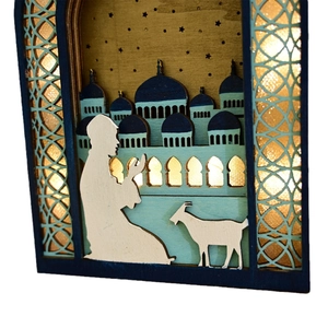 Lampe LED en bois musulmane avec sculpture de mosquée et lumière chaude pour décor de l'Aïd