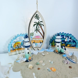 Mediterranean surfboard wooden pendant with palm trees and Ibiza bus over beach sand