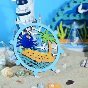 Marine theme wooden anchor ship wheel decor featuring blue crab and tropical palm tree