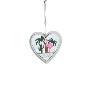 Wooden heart hanging ornament with pink flamingo, palm trees and Ibiza text detail