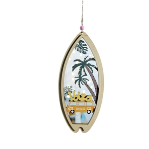 Mediterranean wooden surfboard wall decor with palm trees and warm LED lighting