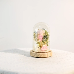 Close-up of pink preserved rose with LED fairy lights in a glass dome on wood base