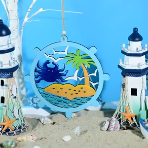 Detail of nautical wooden ship wheel wall decor with crab and beach scene elements