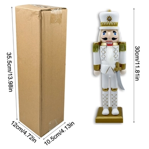 Detail of 30cm white and gold nutcracker soldier with packaging box and dimensions