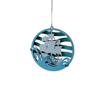Mediterranean sailboat wooden hanging ornament with ocean waves and layered cutout design