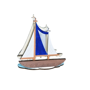 Blue and white nautical wooden sailboat model with three masts for Mediterranean home decor