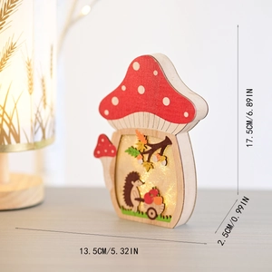 Detail view of lighted wooden mushroom lamp with hedgehog and apple harvest motifs