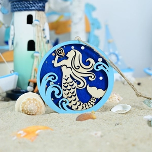 Mediterranean mermaid wooden hanging ornament with ocean waves for home wall decor