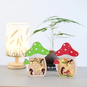 Handcrafted wooden mushroom LED lights with forest animal scenes for home desk decor