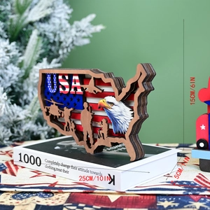 3D layered wooden USA map ornament with military eagle and flag motifs on books