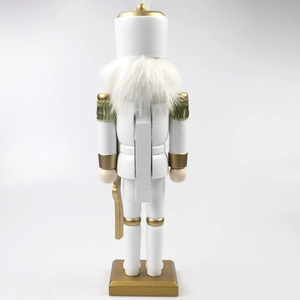 Rear view of 30cm white and gold wooden nutcracker soldier with velvet hair and lever detail