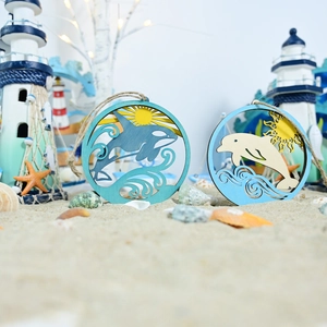Mediterranean Wooden Hanging Ornament Ocean Animal Landscape Round Laser Cut Multi-Layer Boxwood Wall Decor For Home Beach Style