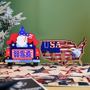Independence Day Multilayer Carved Boxwood Desk Ornament USA Map Eagle Military Soldier Statue Red Truck Gnome Patriotic Home Decor