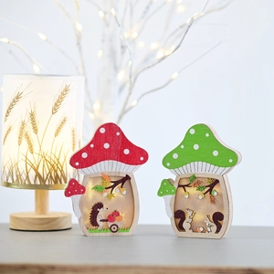 Wooden mushroom LED light ornaments with autumn hedgehog and squirrel harvest forest scene