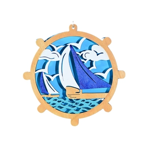 Marine theme wooden ship anchor wall decor featuring a layered nautical helm and boat