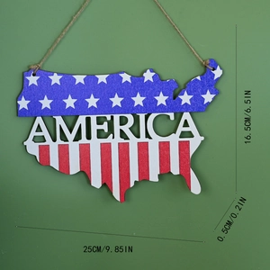 Détail de la plaque en bois carte USA avec motif drapeau et dimensions du produit décor