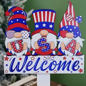 Patriotic USA Gnomes Welcome garden stake decoration with red, white and blue stars stripes