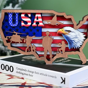 Detailed laser-cut multi-layer wooden USA map ornament with eagle and soldier silhouettes