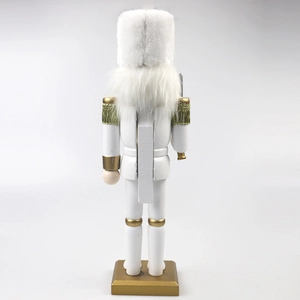Rear view detail of 30cm white and gold wooden nutcracker soldier Christmas ornament
