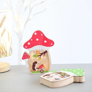 Wooden mushroom LED night light with forest animal print for tabletop decoration