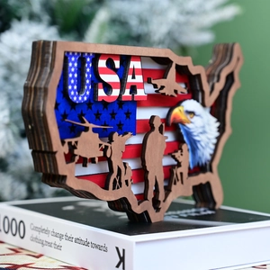 3D Layered wooden USA map ornament with eagle and military silhouettes for home decor