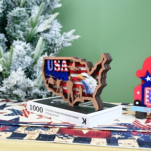 Detail of wooden USA map decor with eagle and flag motifs for Independence Day