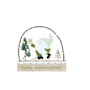 Wooden Christmas gnome ski ornament with warm LED light arc and Frohe Weihnachten text