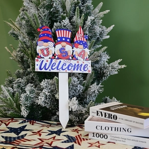 Patriotic USA gnome garden stake with welcome sign and stars and stripes hat details