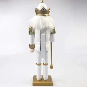 Back view of 30cm white and gold wooden nutcracker king with lever detail and crown