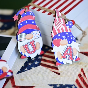 Independence Day wooden gnome hangers with star patterns and red beads for festive decor